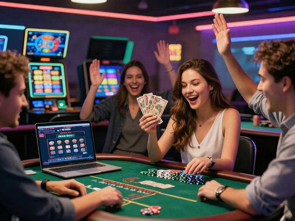 Friends celebrating wins at vibrant online casinos not on GamStop.