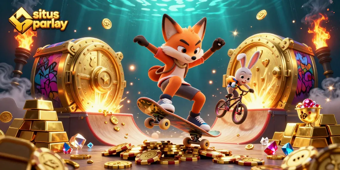 Experience thrilling situs parlay action with a skateboarder fox and BMX rabbit in a dramatic casino scene.